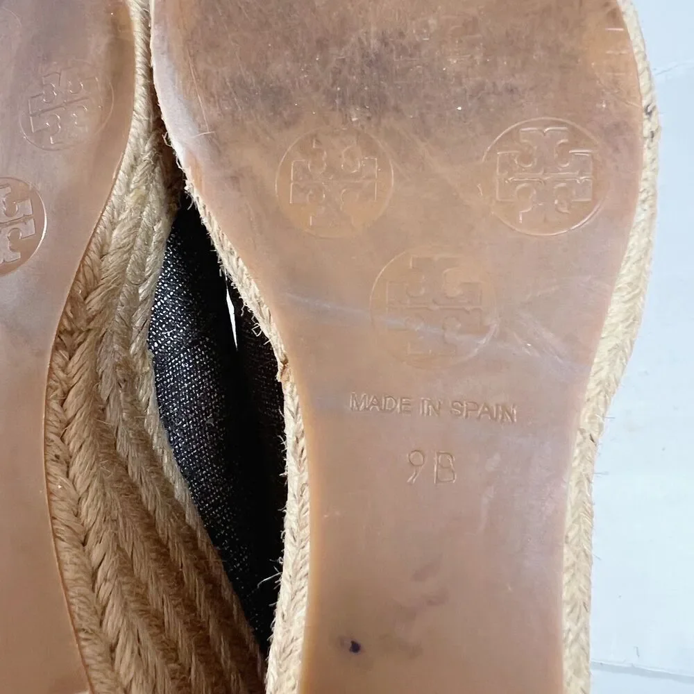 Tory Burch Filipa Canvas Pewter Grey Silver Wedge Espadrille Sandal Size 9
